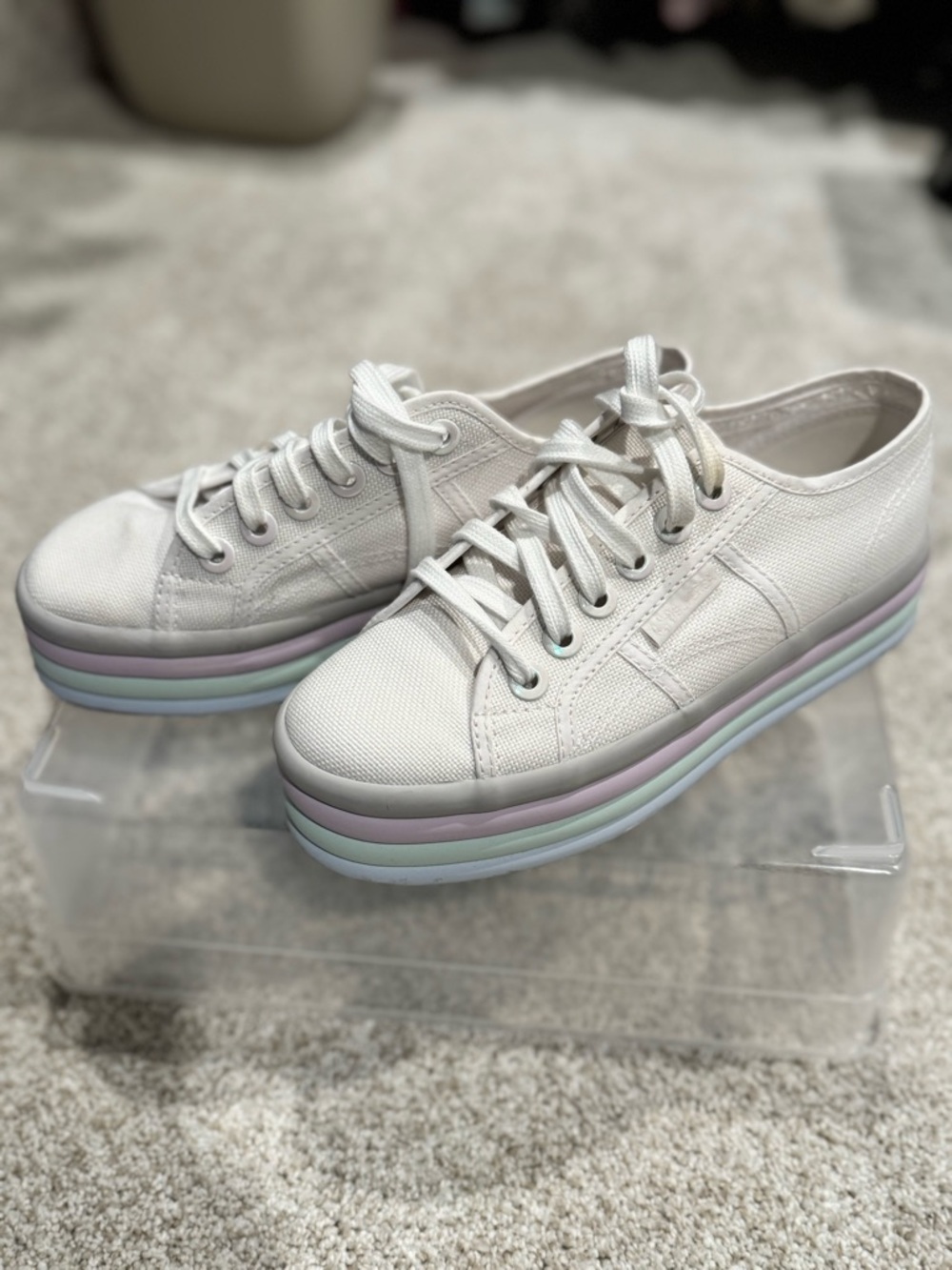 White Platform Canvas Sneakers with Pastel Stripe Sole